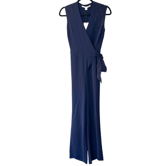 NWT Diane Von Furstenberg 0 ‘Margot’ Beaded Sleeveless Wide Leg Wrap Jumpsuit - Picture 2 of 8